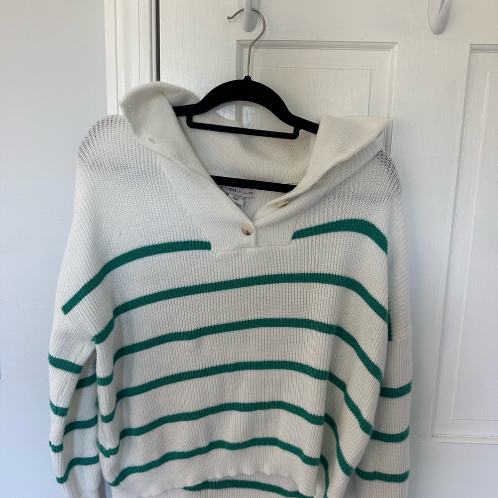 Sincerely Jules White and Green Striped Turtleneck Sweater